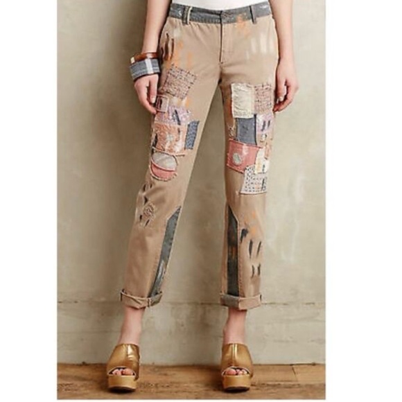 Pilcro Pants - Anthro Pilcro Patchwork Painters Pants Khaki Tan Blue Pink Accents Hyphen Sz 28